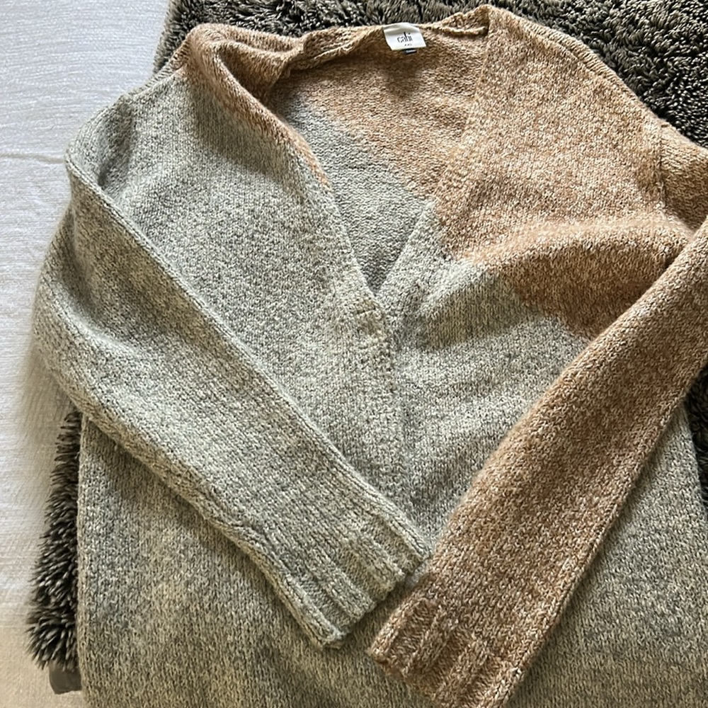 Cabi tilt cardigan in tan and grey, xxs